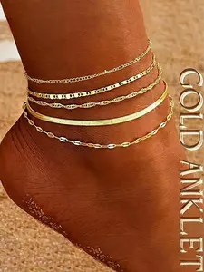 Women's Gold Anklet Set (5-Piece) — Waterproof Cuban Link, Layered, and Adjustable Styles (Cuban, Figaro, Snake, and Herringbone) — Summer Beach Foot Jewelry