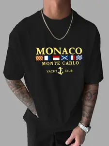 Men's Monaco Print Round Neck Tee, Loose Casual Fashion Short Sleeve T-shirt for Daily Wear, Men's Clothes for All Seasons, Top, Casual Streetwear, Menswear