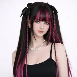 Glueless Synthetic Wig Split Long Straight With Bangs Y2K Style Beginner Friendly For Soft Girl Cosplay Anime Photoshoot