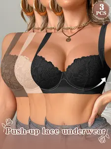 3-Pack Women's Sexy Floral Lace Bras, Wide Side Wings for Underarm Control, Underwire Push Up & 3D Support for Curves, Adjustable Wide Straps for Comfort, Skin-Friendly & Soft, Perfect for Everyday Daily Wear