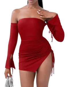 GOBLES Womens Sexy Off The Shoulder Flared Long Sleeve Drawstring Side Split Mini Club Dress Red