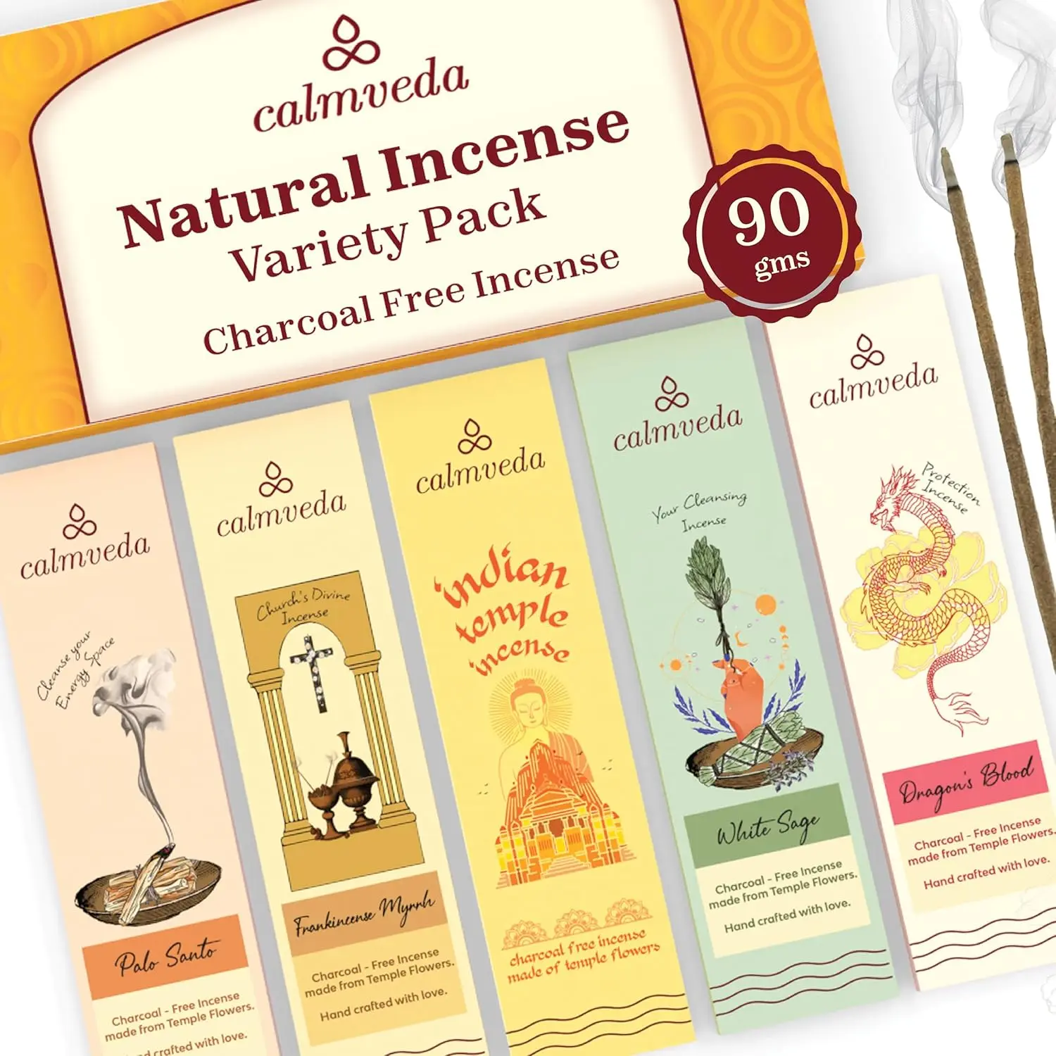 Natural Incense Sticks Variety Pack - (5 Variants) Charcoal Free Inscents-Sticks, Made from Upcycled Flowers | Sacred Insence-Sticks from All Cultures (Inciensos Aromaticos)