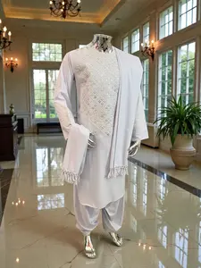 White 3 piece Kameez with Small Handmade Mirror Work Embroidery – Size Small 2815