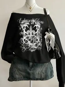 This asymmetrical long-sleeved, casual, off-shoulder pullover T-shirt is perfect for women. The gothic print adds a touch of sexiness while maintaining a relaxed style, and the lightweight, comfortable fabric creates a fashionable silhouette.