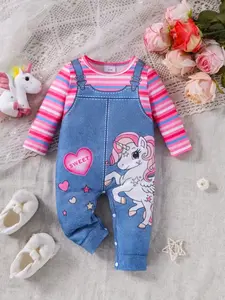 Adorable Unicorn Denim Romper Stripes Print Bodysuit for Baby Girls, Blue Color, Fitted Cut Soft Comfortable Infant Clothing with Heart Motifs, Perfect for Daily Wear and Unicorn Theme Baby Girl Outfit