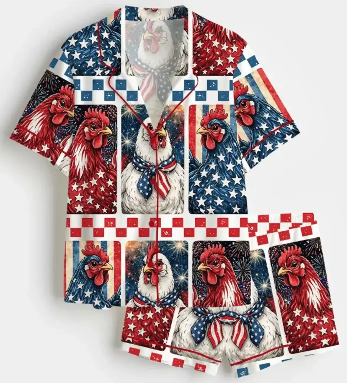 Women's Patriotic Chicken Satin Pajama Set, 4th of July USA Flag Sleepwear