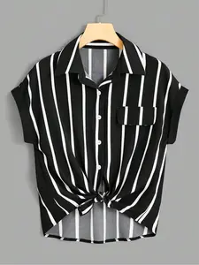 Summer New Arrival Women's Striped Shirt Blouses Top Short Sleeve Slimming Dressy Style, Thin Lightweight Woven Fabric Fitted Design for Summer, American Retro Style Age 35-44