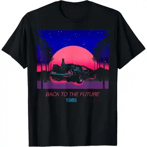 100% Cotton Back to The Future 1985 Neon Delorean Sunset T-Shirt