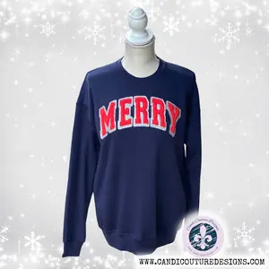 Christmas Merry Faux Chenille Sweatshirt | Holiday Graphic Tee | Cozy Varsity Appliqué Sweater | Preppy Personalized Pullover