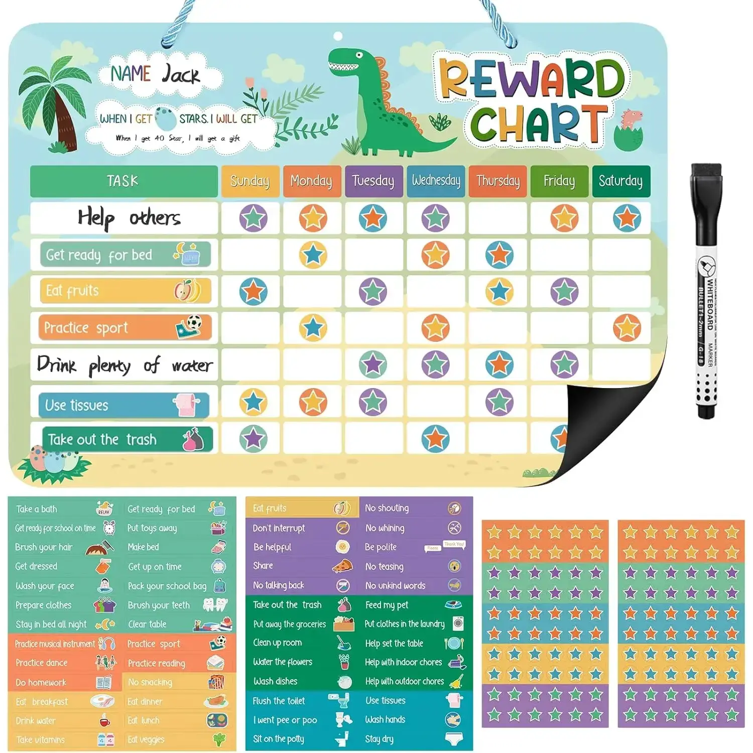 Reward Chart for Kids, Dinosaur Magnetic Behavior Chart for Kids at Home with 26 Chore Charts, 120 Magnetic Star Stickers Dry Erase Responsibility Chart for Toddlers Potty Training