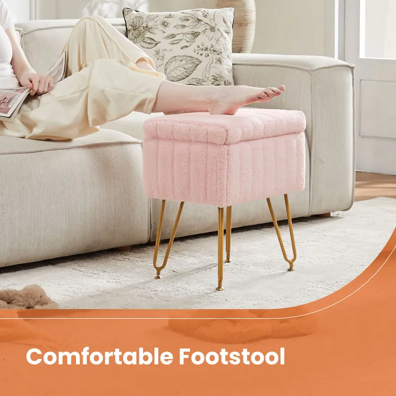 Vanity Stool Chair with Storage, Ottoman Faux Fur Soft Padded Makeup Footstools Seat with 4 Metal Legs Anti-Slip Adjustable Feet