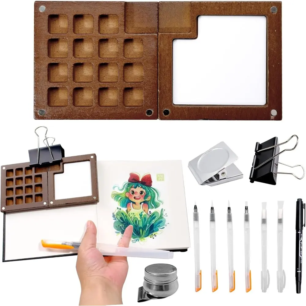 15 Pieces Mini Portable Watercolor Palette Set with Wooden Grid Paint Box Sketch Book Line Pen Watercolor Brush Pens with Magnetic Clip Wash Pen Cup for Artists Students