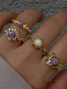 Women's Sun & Moon Gemstone Ring Set, Fashionable Geometric Stackable Rings, Sparkling Crystal Details, Adjustable Jewelry for Daily Wear, Geometric Design Ring