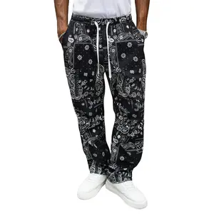 Men’s Black Bandana Print Wide-Leg Piping Machine-Washable Non-Transparent Pants - Vintage-Inspired for Retro Streetwear, Bold Casual Outfits, Machine-Washable Men's Pants, Piping Men's Pants