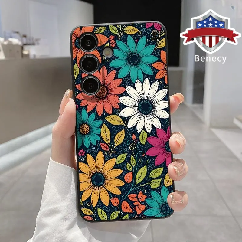 Dopular Retro Floral Pattern Straight Edge Phone Case Compatible with Galaxy S23 Ultra S24 Plus S25 S22+ Shockproof Drop Protection Rugged Durable Liquid Silicone Cover Cellphone Protective