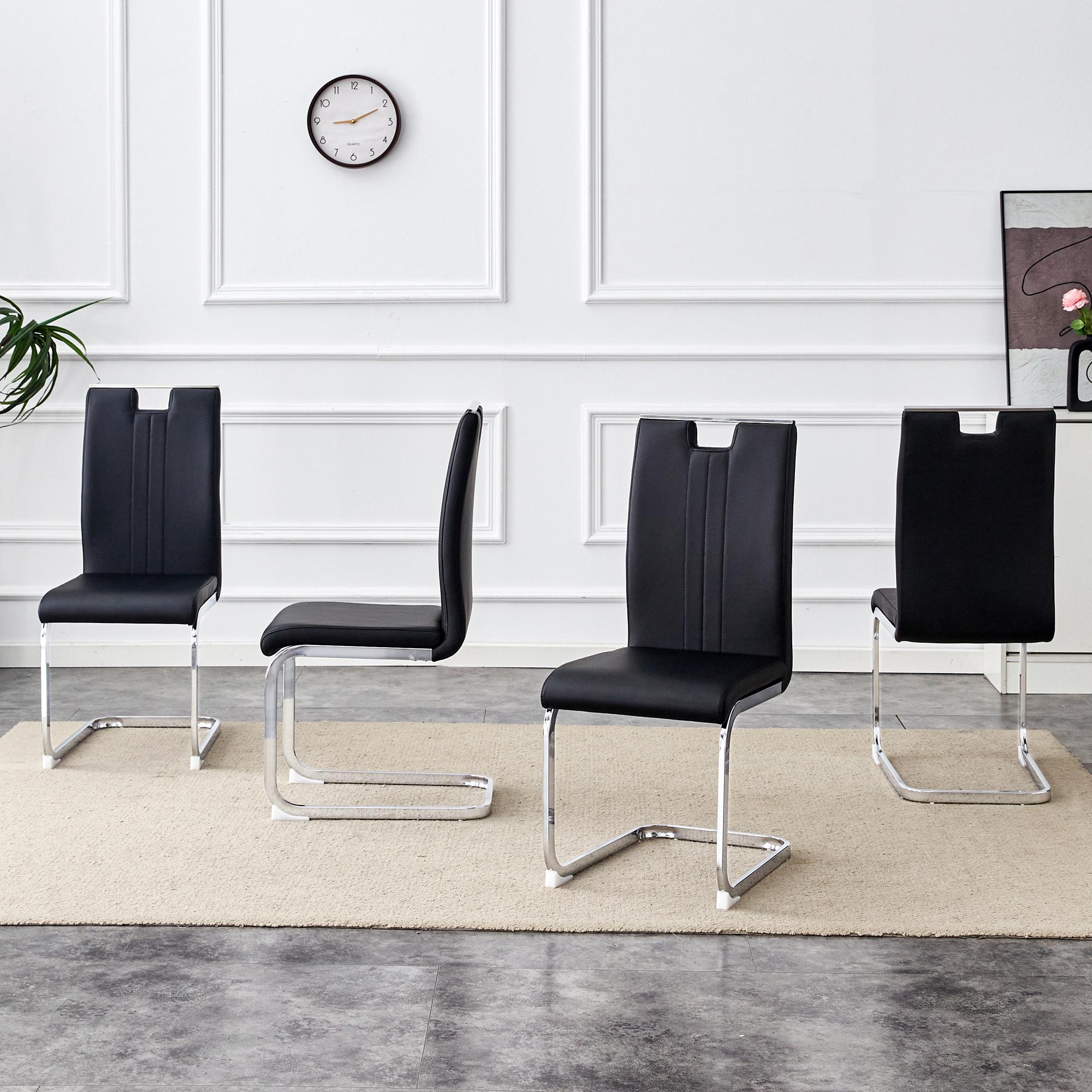 Modern Cantilever Dining Chairs Set of 2/4, Black Gold PU Leather Upholstered Side Chairs with Gold Metal Frame for Kitchen Living Room