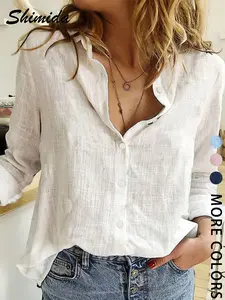 Women's Four Seasons Solid Color Button Casual Chic Fitted Shirt, Daily Wear Vacation Fitted Long Sleeve Blouse, Lapel Collar, Shimida Brand, Top