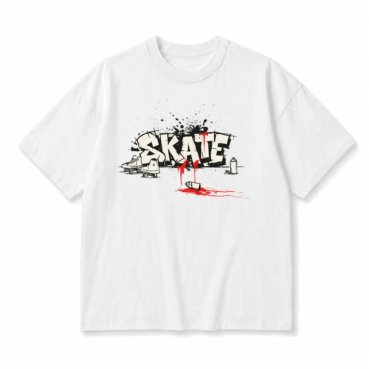 Skate Graffiti Graphic Tee, Urban Roller Skate Street Art T-Shirt for Men and Women, Classic Cotton or Vintage Washed Oversized Fit Menswear Tops