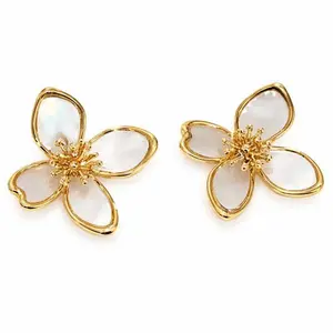 Gold Tone Four-Petal Floral Stud Earrings with Shell Inlay for Women - Elegant & Versatile Jewelry for Everyday Wear
