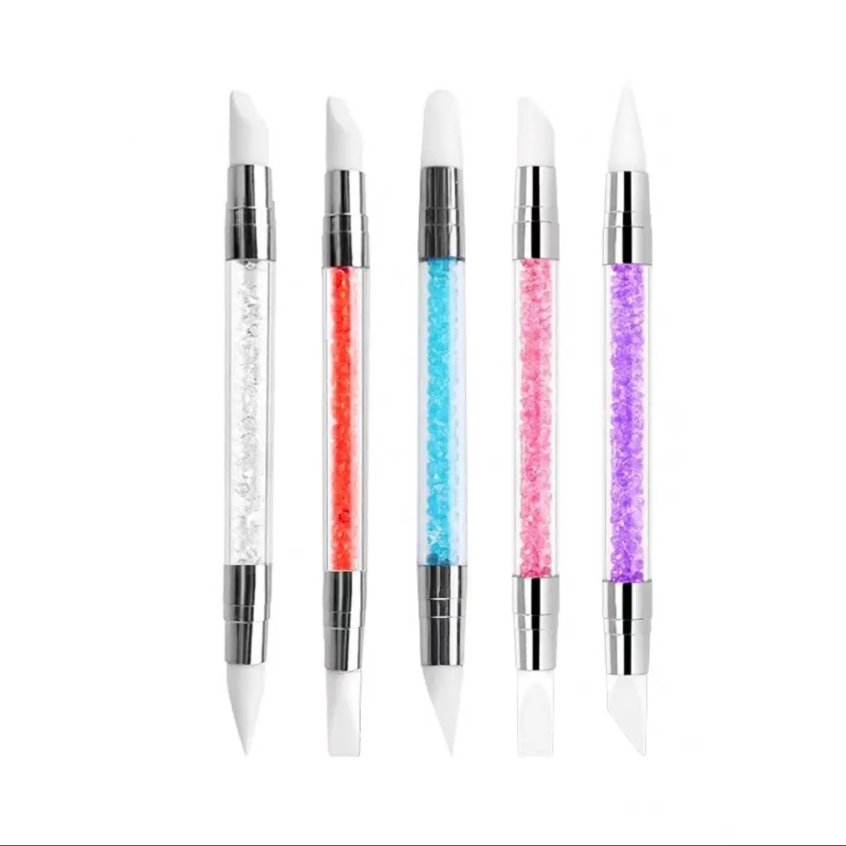 5pcs Nail Art Sculpture Pens, Dual-Head Silicone Nail Tools, Acrylic Handle, Sticker Press Machine, Flower Brush, Mirror Powder, 5 Colors
