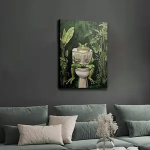 Wooden Frame, 1 Piece, Frog on the Toilet Print, Humorous Canvas Wall Art, Tropical Plant Bathroom Decor, Digital Download, Fun Canvas Poster, Suitable for Home, Bedroom, Kitchen, Bathroom, Office, Cafe, Room Decoration, Framed Wall Art Poster