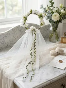 Rose Flower Crown Wedding Veil, Short Lace Trim Bridal Headpiece, Modern Bride and Single Party Accessory