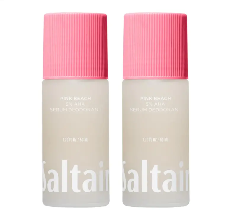 Saltair Serum Deodorant | 5% AHA Aluminum-Free Roll-On | Pink Beach, 2 Pack | Skin-care acid blend for even application, fresh-feeling underarms, and simple everyday use