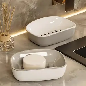 1pc Plastic Drain Soap Dish, Countertop Soap Holder, Gray And White Contrast, Suitable for Kitchen, Bathroom, Fits Various Sizes of Soaps