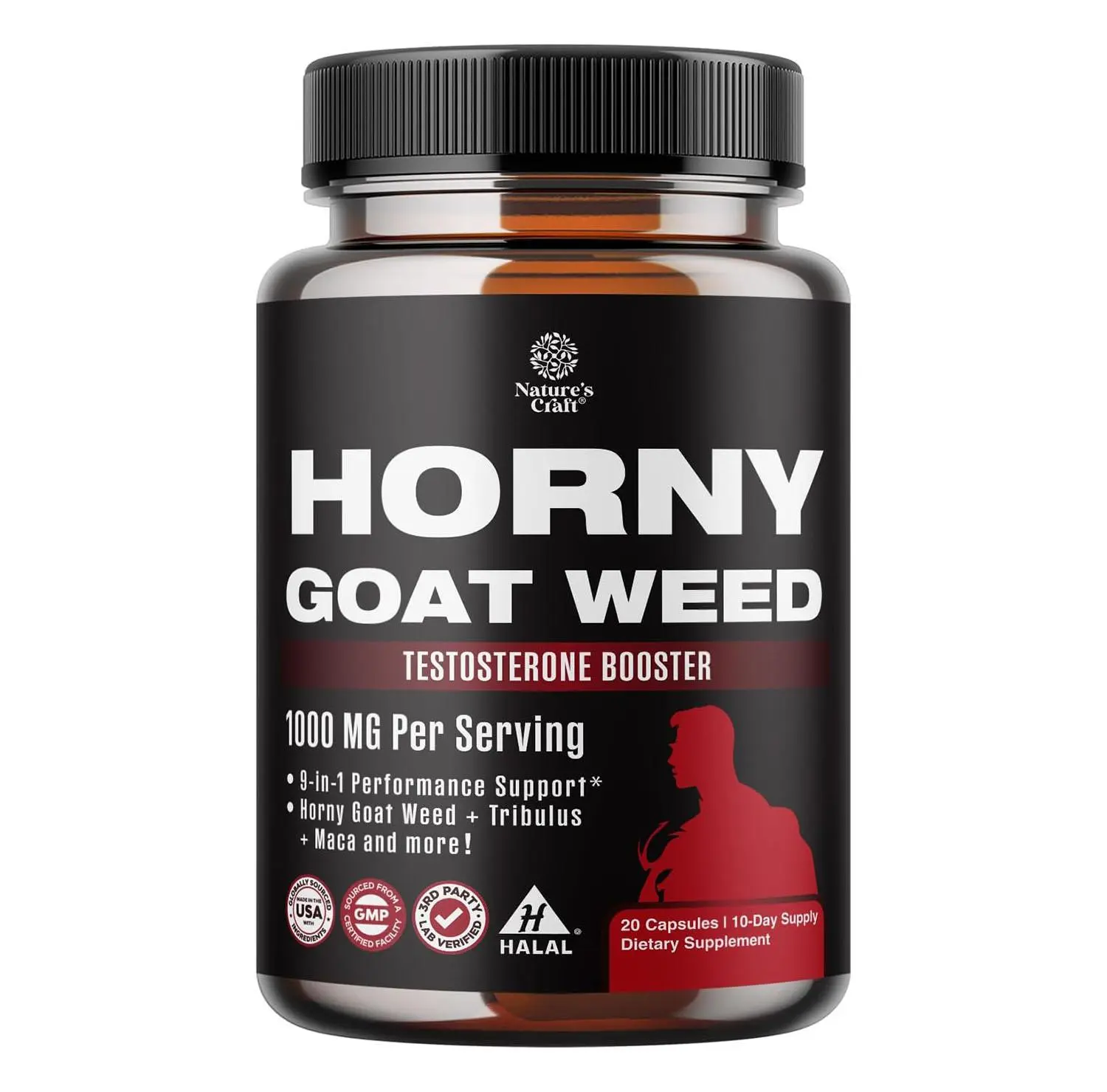 Horny Goat Weed for Male Enhancement - Testosterone Booster Supplement for Men - 1000mg per serving Complex with Tongkat Ali Saw Palmetto Extract & Panax Ginseng - Black Maca Root for Stamina & Energy