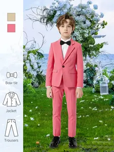 Boys' Gentleman Solid Color Suit Set, Blazer Jacket Pants Bow Tie, School Style, Holiday Performance Wear, Formal Party Wedding Dress Code