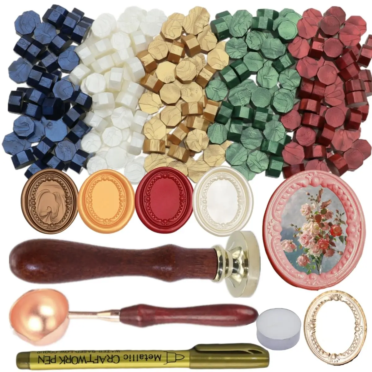 3D Embossed Frame Wax Seal Stamp Frame Relief Carving Sealing Stamp Set with 150Pcs Sealing Wax Beads in 5 Color Melt Spoon Pen Kit for Wedding and Christmas