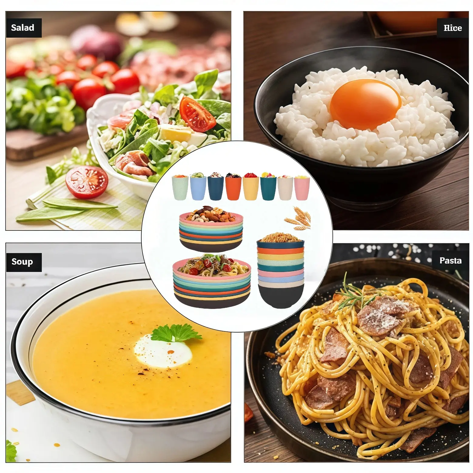 Stylish 36Pcs Wheat Straw Dinnerware Set - Unbreakable, Reusable Plates, Bowls, Cups, Colorful, Microwave-Safe Tableware for Kitchen, Camping Use