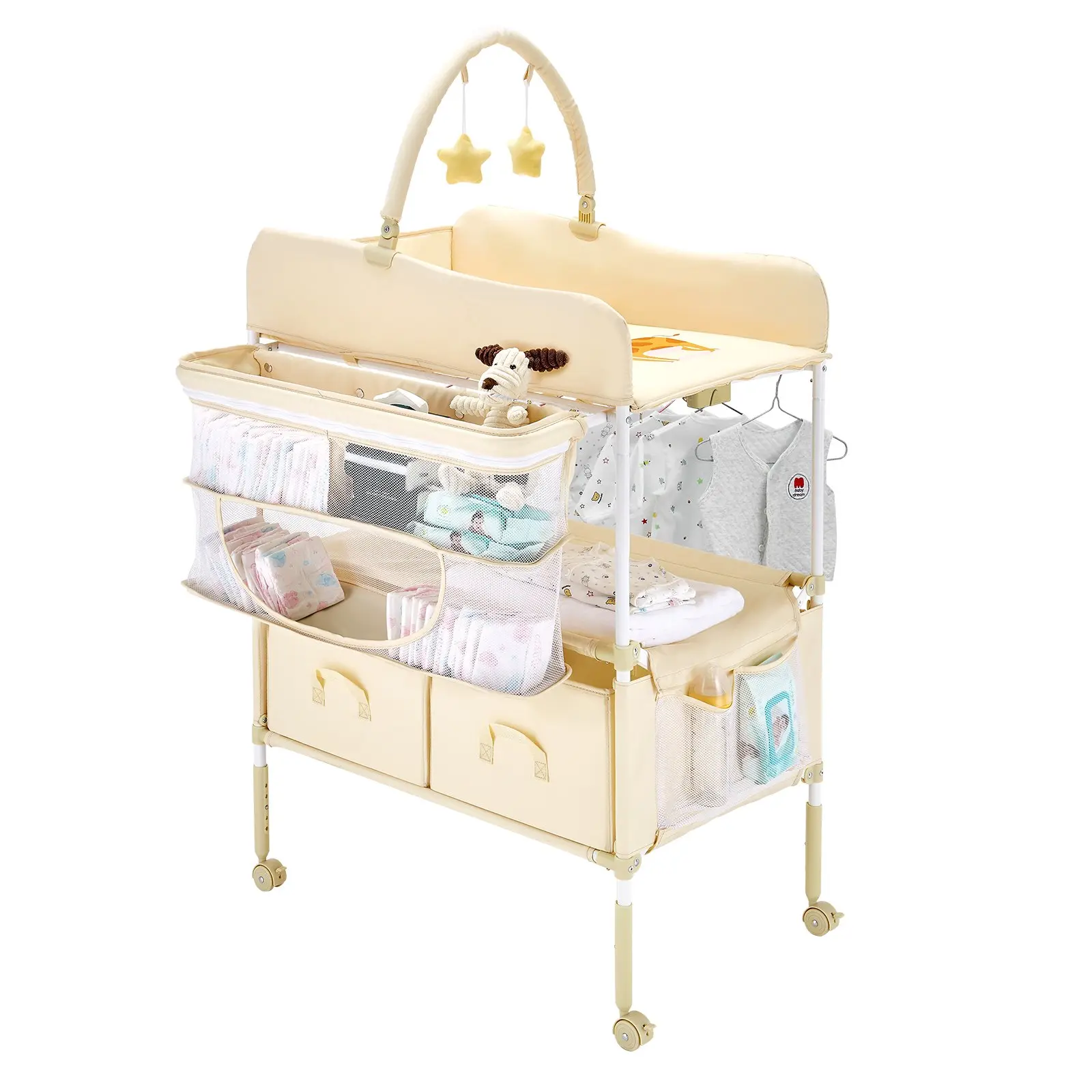 Summerfinds VEVOR Durable Oxford Baby Changing Table, Foldable Diaper Station with 2 Fabric Drawers, Side Storage Basket, Hanging Rod, Adjustable Height (30.00x29.53x(39.57-42.52)in), 360-Degree Lockable Wheels, 2 Star Toys, Portable Light
