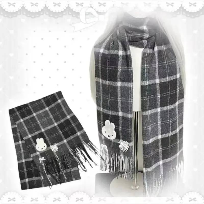 Kawaii Miffy  Autumn Winter Warm Versatile Cute ScarfBlack Checkered Scarf for Women Girl Fashion Cotton Stoles Scarf Gifts