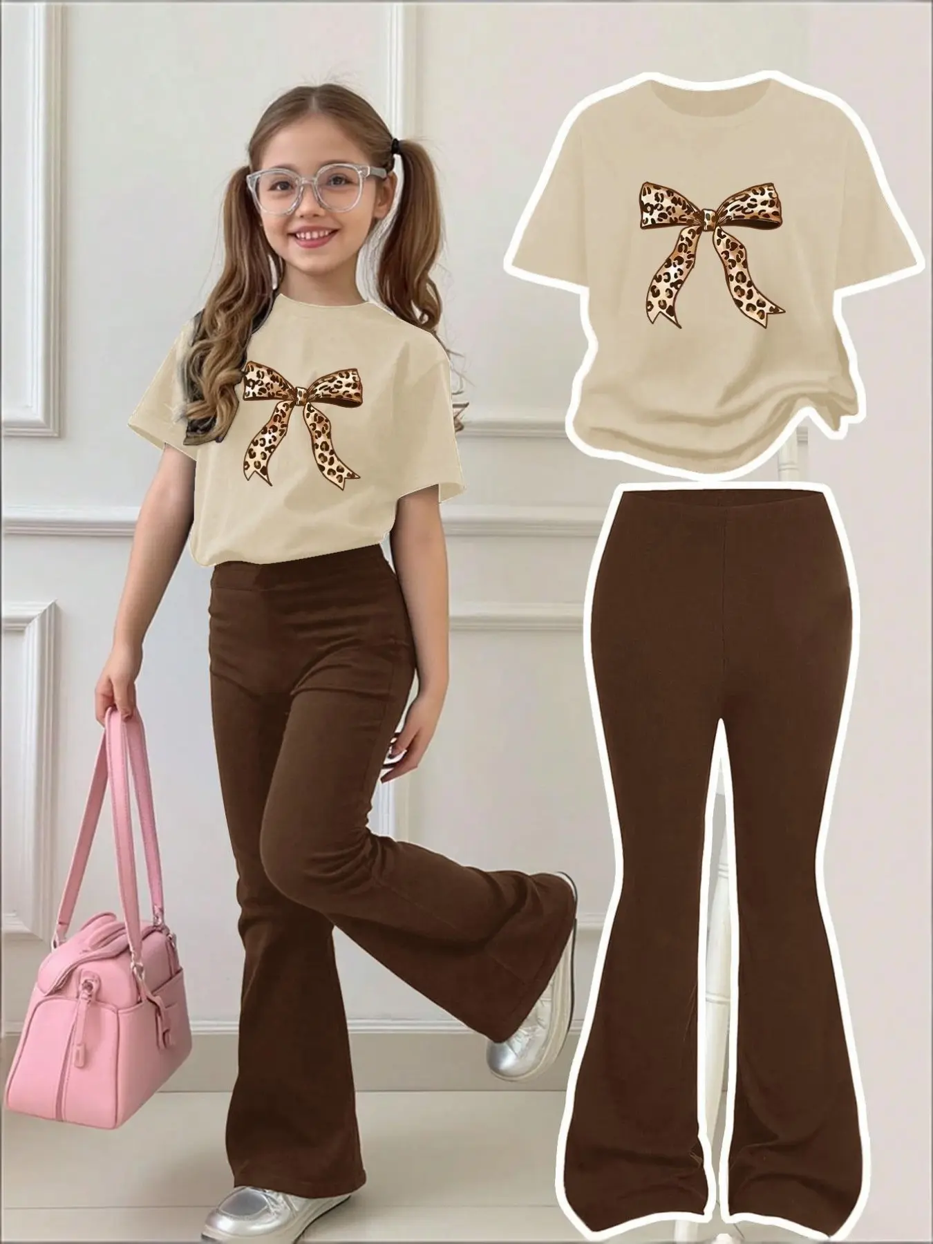 2026 New Girls Summer Outfit Cute Clothes Kids Clothing Set Leopard Bow T-Shirt + Flare Pants Kids Fashion Set Summer Outfits Set Leopard Print Set