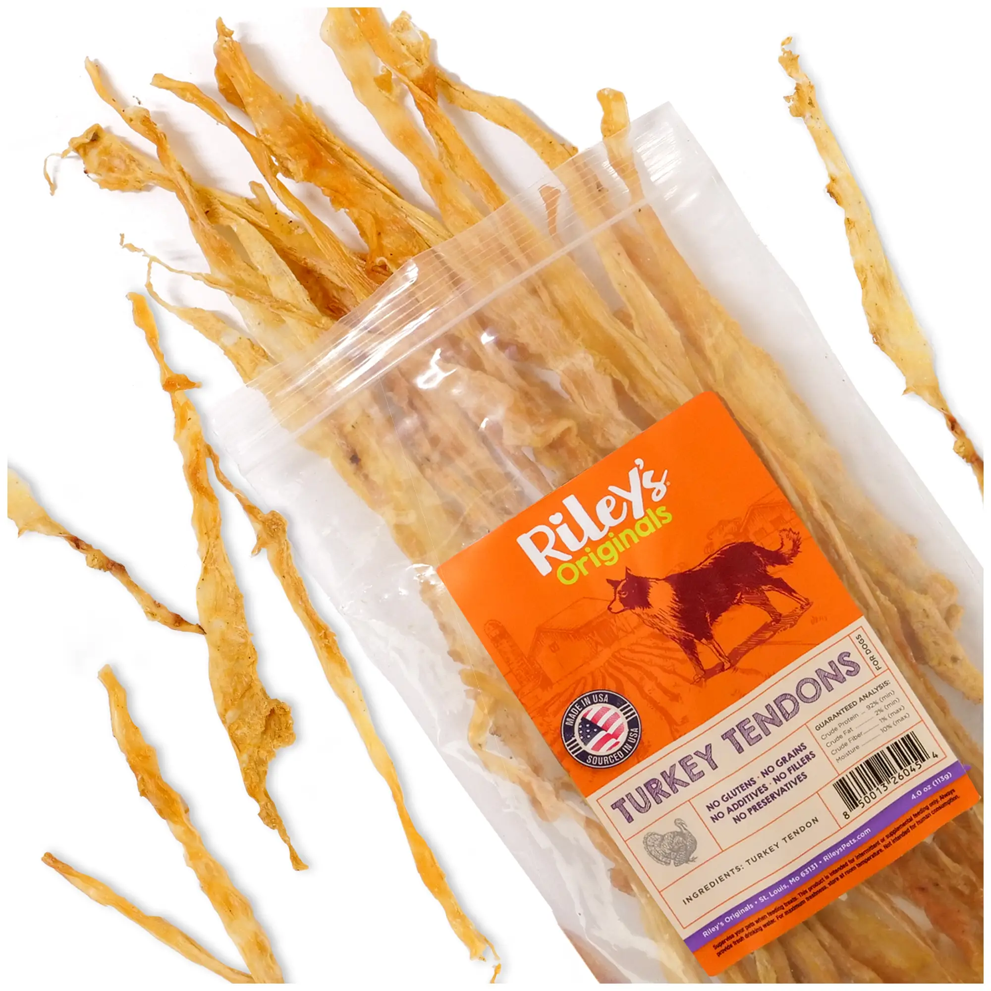 Riley's Turkey Tendons - Dehydrated Dog Treats - Made in USA - Single Ingredient - Multiple Sizes
