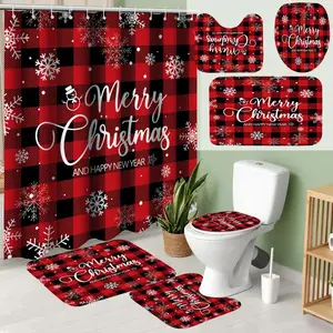1/4pc Merry Christmas! Red and black geometric pattern shower curtain set, including shower curtain, toilet seat cover, rectangular mat, and U-shaped mat. Perfect for bathroom décor, beautifying the space. Bathroom decoration accessories