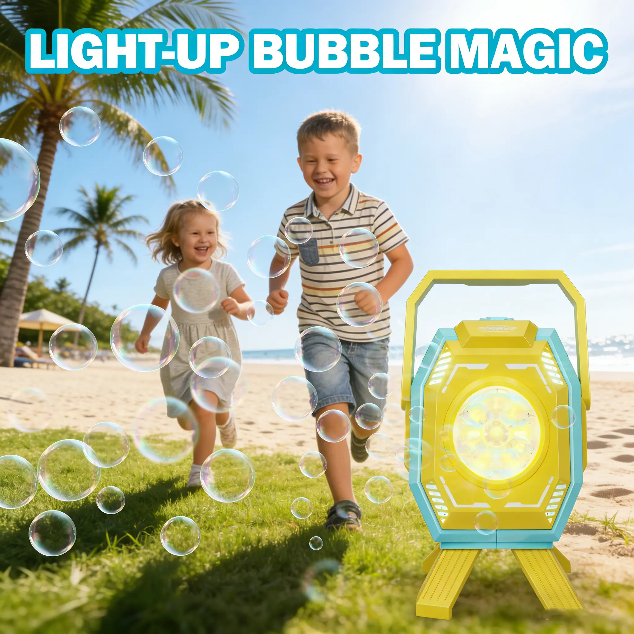 Upgraded Desktop Bubble Light Machine for Kids (8-10 Years, 3+), 6V Battery-Powered, Auto-Rotate RGB Colorful Lights, Auto-Rotate, Large Bubble Output, 4 AA Disposable Batteries, Party Toy, Original Box Included