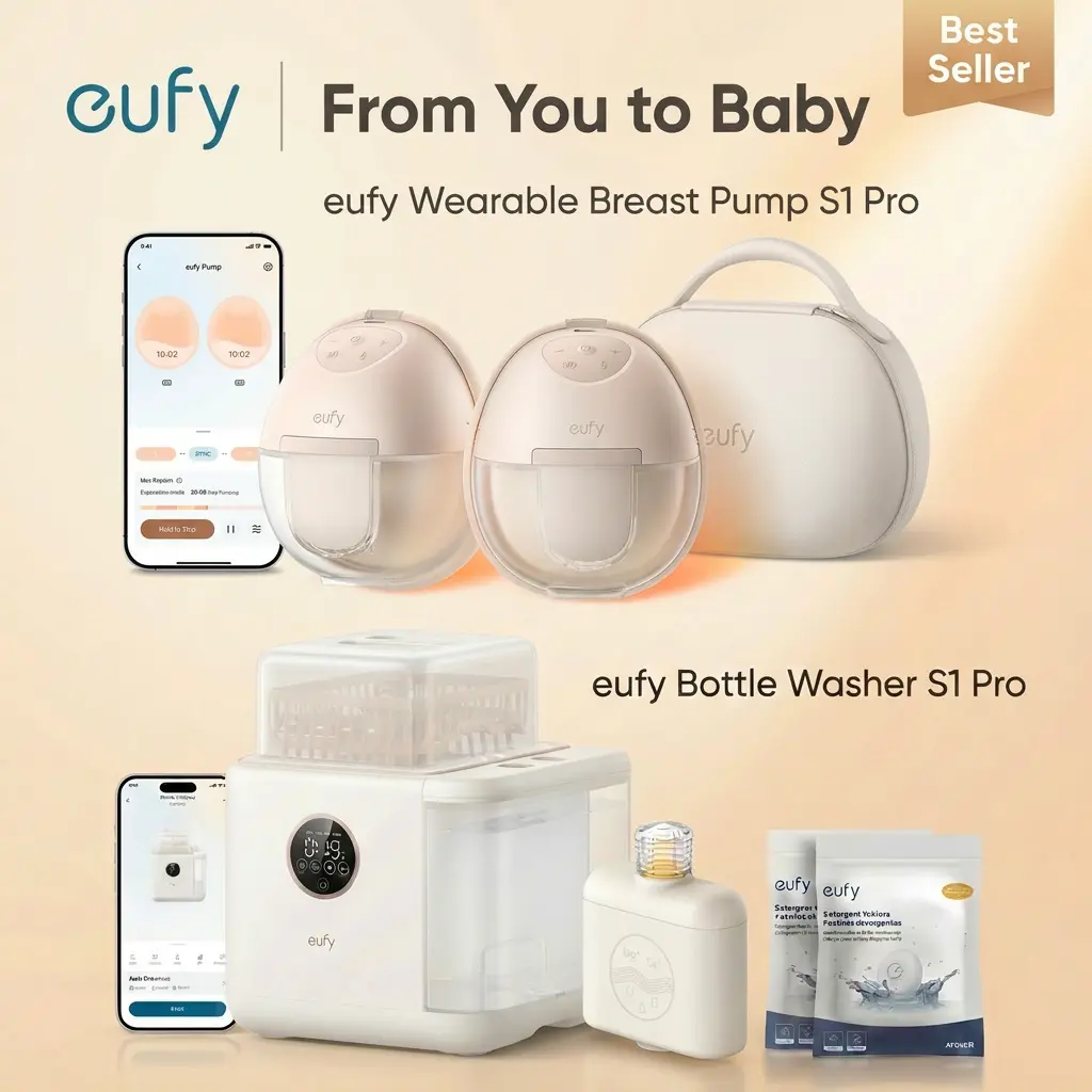 NEW eufy S1Pro Bundle of Breast Pump & Bottle Washer ,Leading HeatFlow Tech, App-Controlled OptiRhythm, Hospital-Grade Suction, Built-in Water Softener, HydroBlast Washer, 212°F Steam Sterilizer & Thoroughly Fast Dryer, 10-Bottle Capacity,