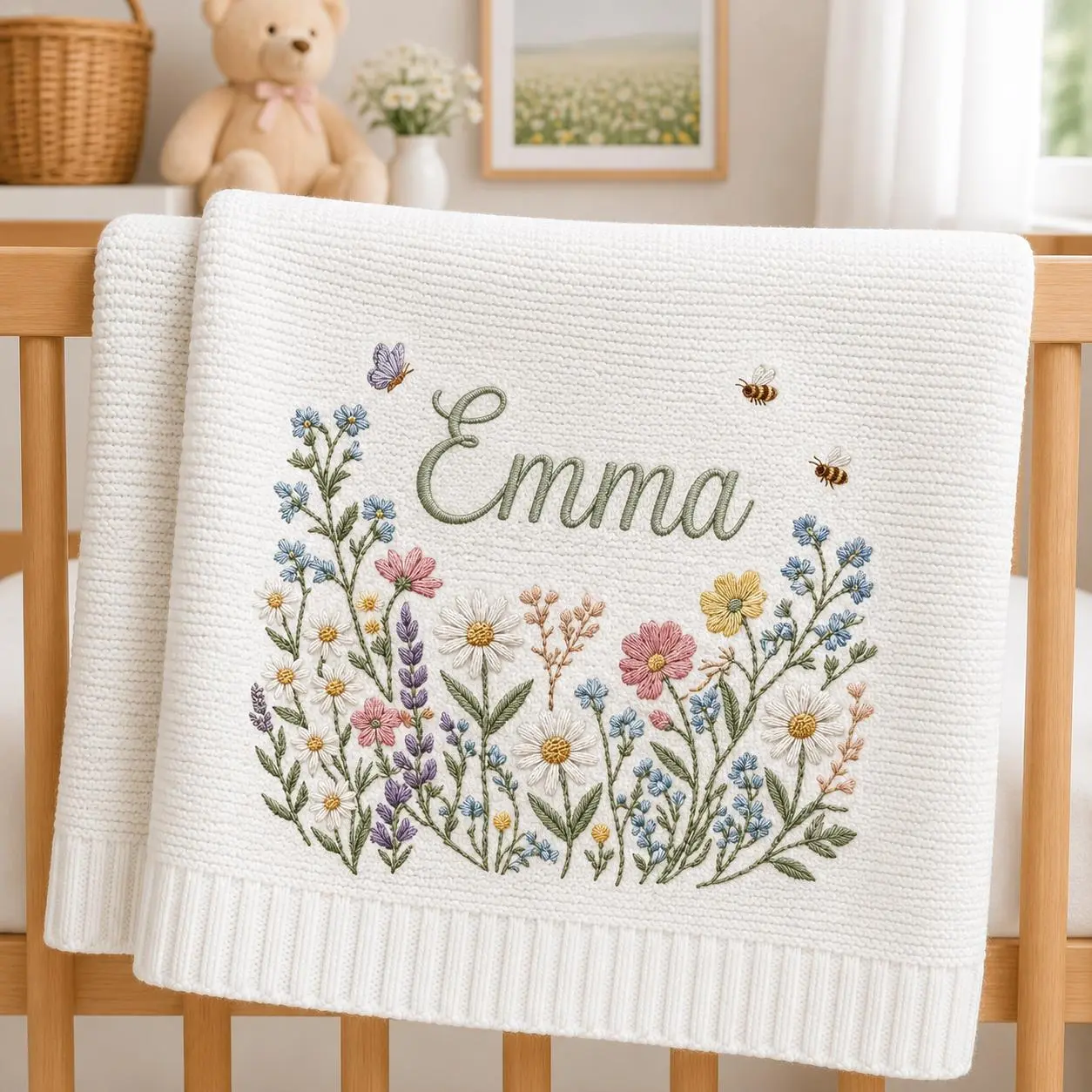 [Made-to-Order] Personalized Wildflower Embroidered Baby Blanket, Custom Floral Knit Blanket with Name for Newborn, Boho Flower Nursery Decor, Baby Shower Keepsake Gift