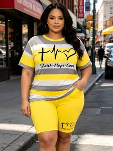 SummerVibes Plus Size Womenswear Suits Crew Neck Short Sleeve Top With Pockets And High Waisted Pocket Shorts - Medium Stretch Polyester, Machine Washable, Women's Athleisure Wear