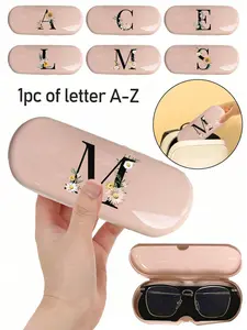 Cream Color Solid Eyeglass Case, Hard Shell Letter Glasses Box, PU Leather A-Z Daisy Print, Waterproof Dustproof, Portable Storage Holder