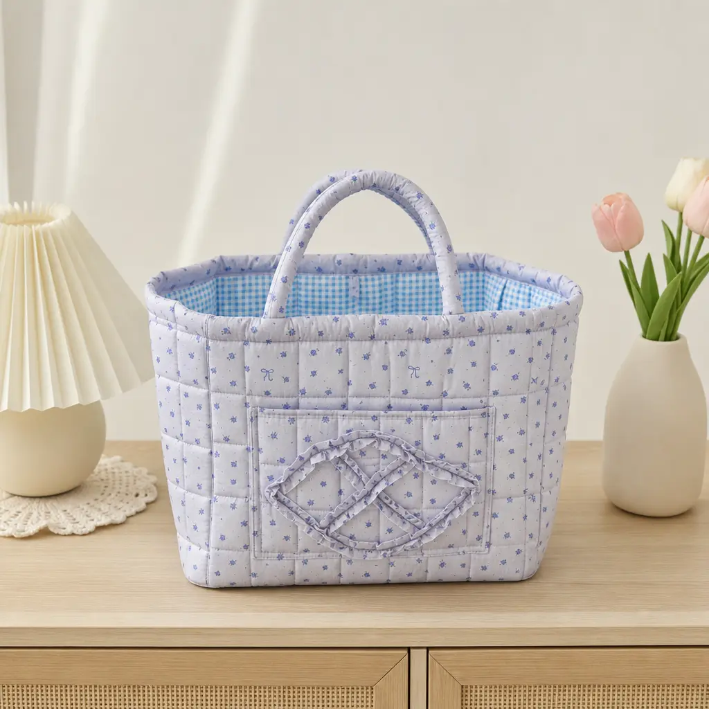 Women's 4-Color Rose Series Large Light Purple Quilted Storage Basket, Rose Fabric General-Purpose Everyday Handbag (Luggage & Bags Category), Four-Color Rose Storage Basket (Large Size) - Light Purple