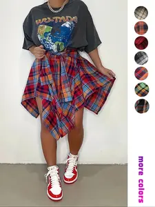 Women's Irregular Plaid Skirt with Tie Design, Y2K Street Style, Fashionable Casual Daily Wear, Knee Length, Fitted Woven Fabric