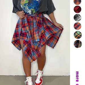 Women's irregular checkered skirt with tie design, Y2K street style, fashionable casual daily wear, knee length, fitted woven fabric