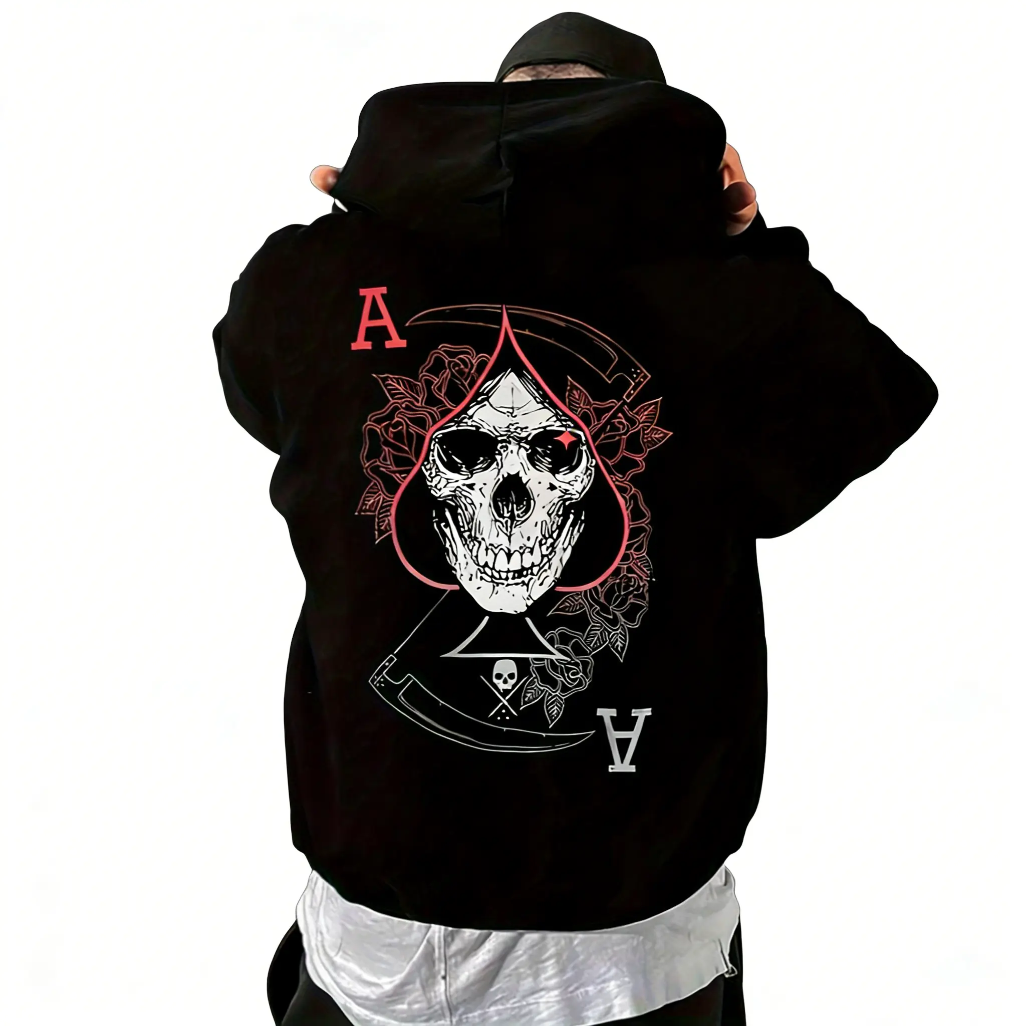 Men's Pullover Hoodie with Skull & Ace of Spades Graphic, Casual Dark Vibe Cotton Sweatshirt, Long Sleeve for Everyday Wear, Graphic Hoodie