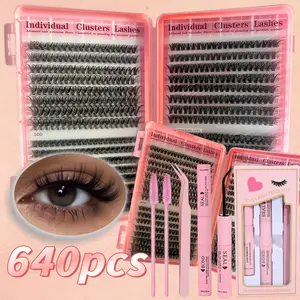 640 Cluster Lashes(30D/40D/50D) All-in-One Kit with Lash Glue, Tweezer & Comb plus Professional Lash Glue & Remover Kit with Adhesive, Remover & Precision Tweezer. Complete DIY lash extension bundle for beginners, easy to apply and remove, great for daily