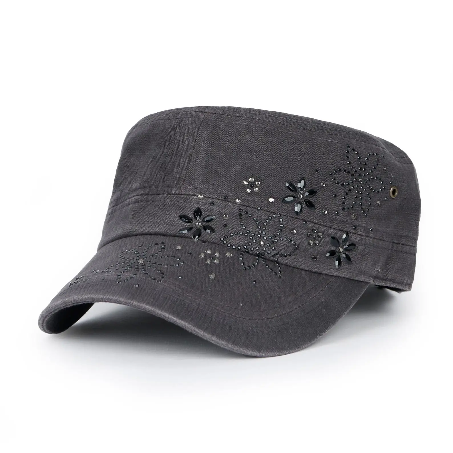 Crystal/Black Gemstone Stud Flower Vintage Washed Military short brimmed Army Hat Cadet Cap