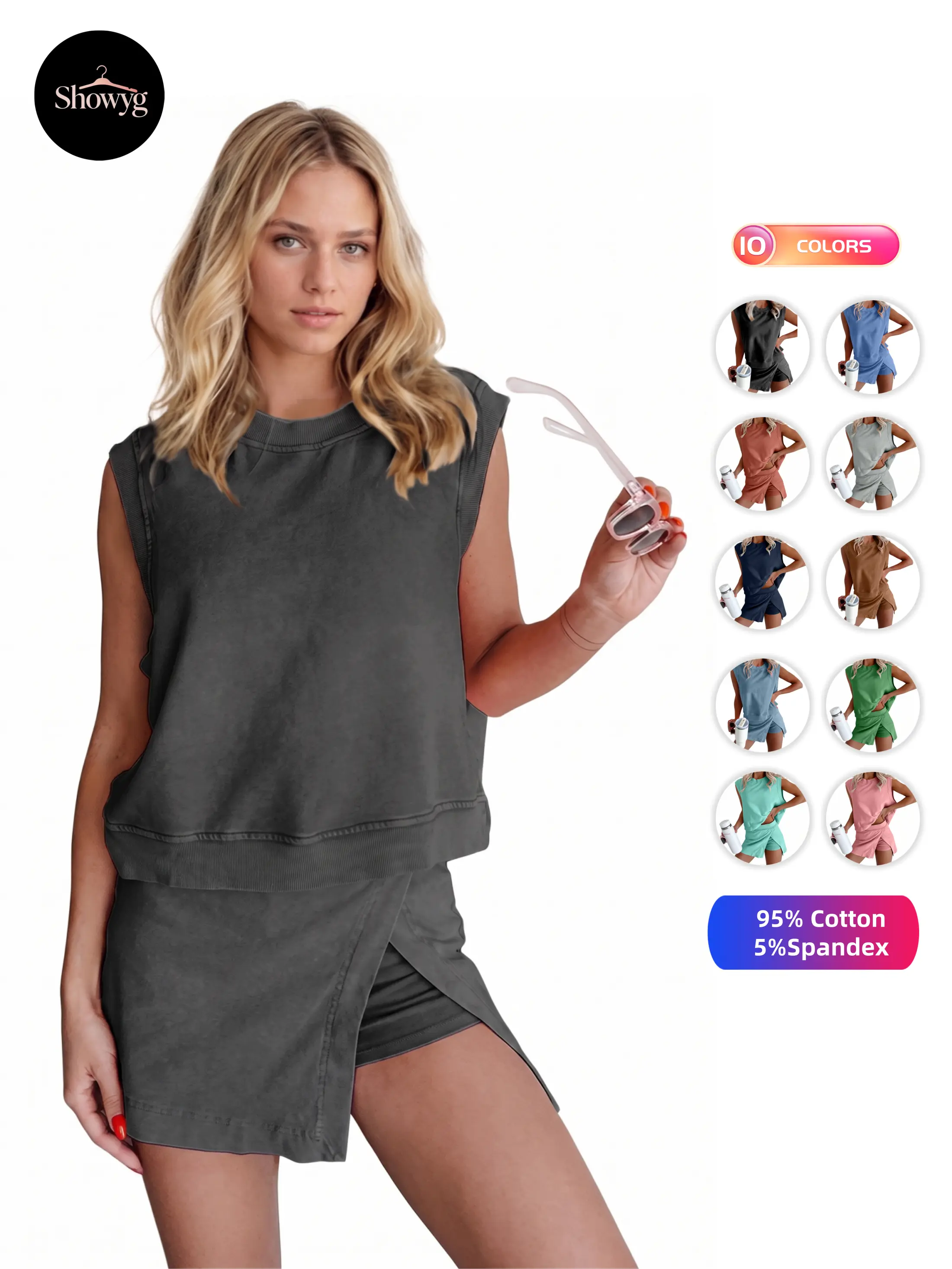 Showyg Women's 2-Piece Summer Matching Set - Soft Cotton Spandex Cropped Sleeveless Tank Top, Lined Split Athletic Skirt, Breathable Lightweight Loose Chic Outfit for Casual Workout, Machine Washable, Multi Colors, Tank Tops, Female, Universal, Cold Wash,
