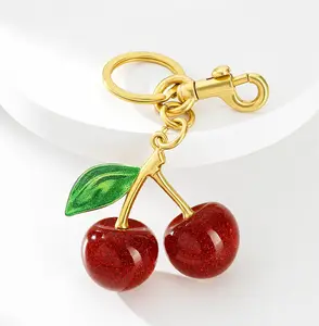 Ampere Creations Bag Charm - Glossy Red Cherries Sparkling Green Leaves Luxe Gold-Tone Hardware Clip-On Lobster Clasp for Handbags